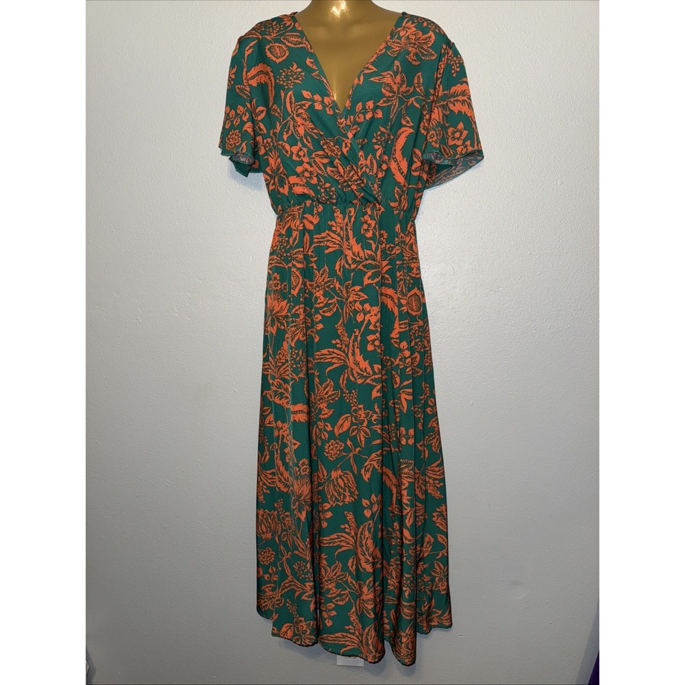 Women's Floral Maxi Dress Size M Beach green Orange Lightweight Sheer Flowy